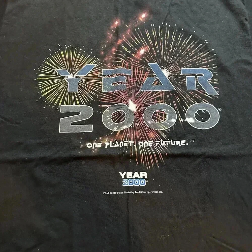 Vintage Y2K Year 2000‎ USA T-Shirt Mens Large Black Short Sleeve Cotton Graphic